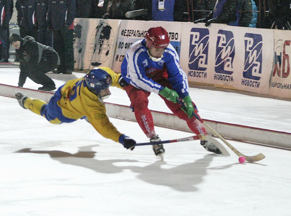 Член сборной команды Швеции Андреас Вест и россиянин Дмитрий Савельев (слева направо) во время игры в финале чемпионата мира по хоккею с мячом